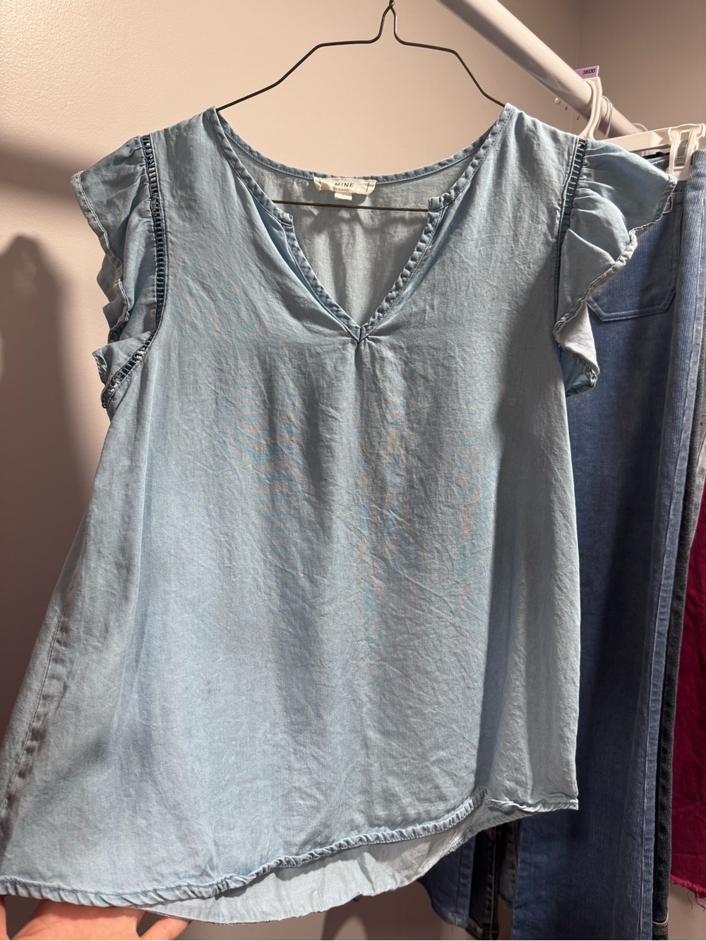 Light Blue Denim Color Women's V-Neck Ruffle Sleeve Top